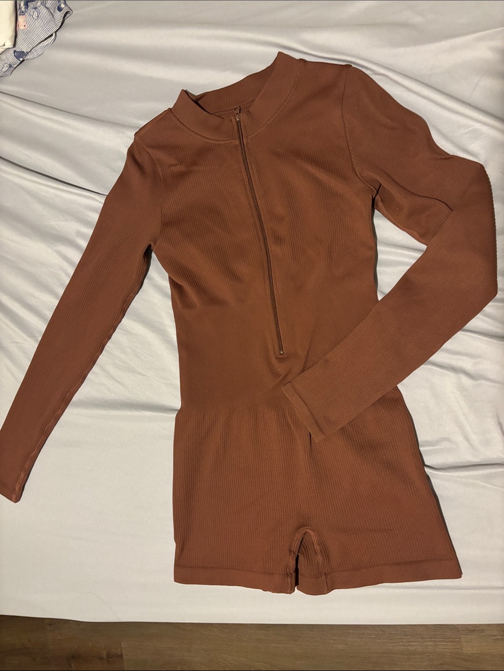 Womens Ribbed Long-Sleeve One-Piece Romper in Brown